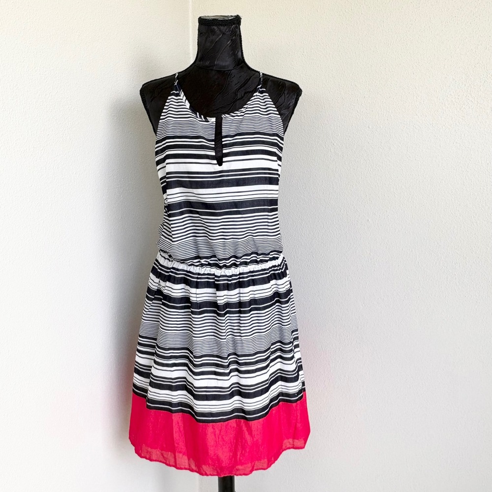 Banana Republic Striped Sleeveless Fit Flare Dress Womens 10 Black White Pink